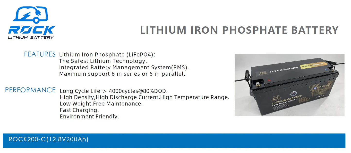 Rock 12V 200Ah Lithium Battery with communication support 6 in series and 6 in parallel
