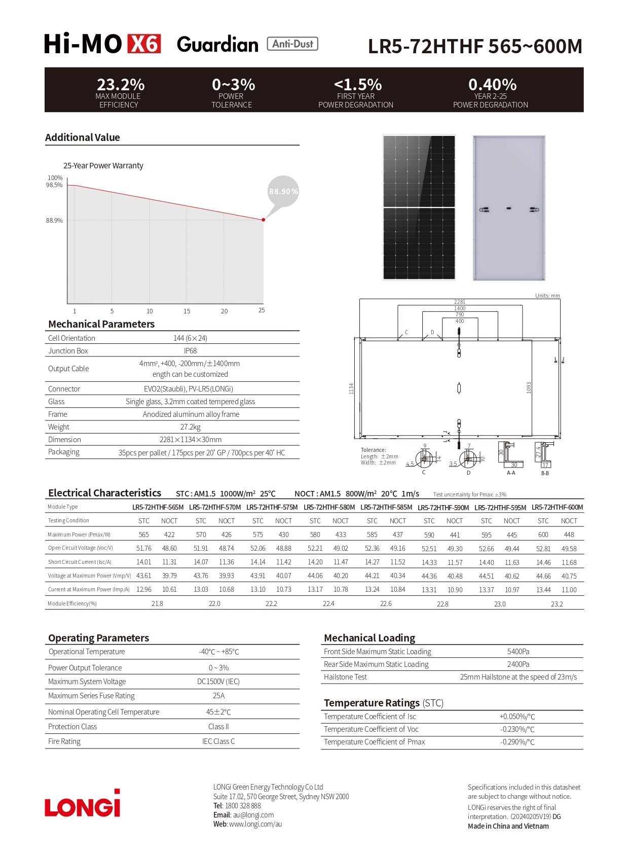 LONGI HI-MO X6 Guardian Anti-Dust 585Watt 144 Cell LR5-72HTHF-585M Solar Panel