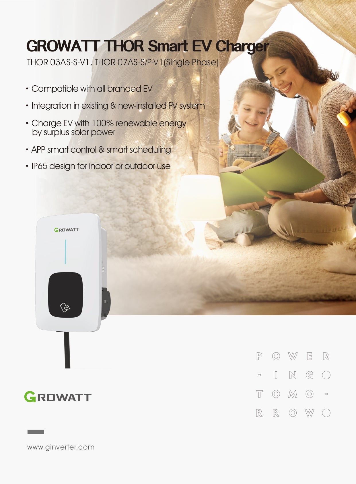 Growatt Type 2 EV Charger 7kw Single Phase 5m Cable IP65 THOR 07AS-P