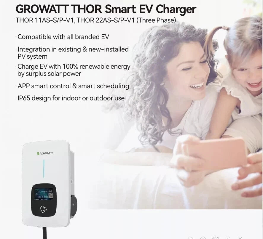 Growatt Thor Type 2 EV Charger 11kw Three Phase 5m Cable, THOR 11AS-P-V1