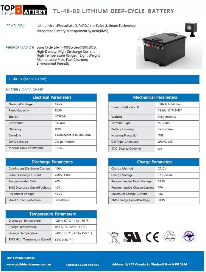 48V 80Ah Lithium Golf Cart Battery Built-in BMS 4k Cycles support paralell