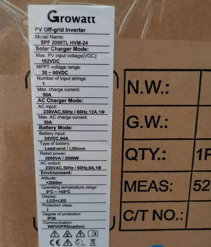 Growatt SPF 2000TL HVM-24 PV Off grid solar inverter support 24V battery MPPT