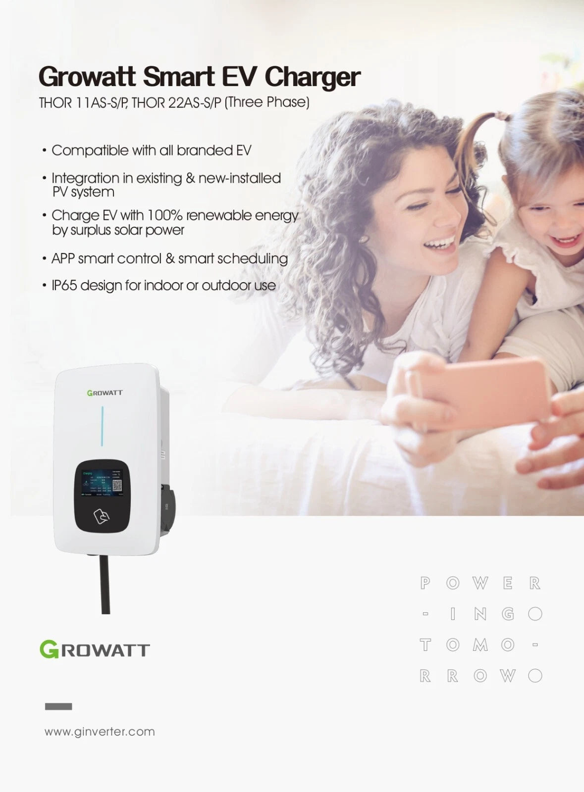 Growatt Thor Type 2 EV Charger 11kw Three Phase 5m Cable, THOR 11AS-P-V1