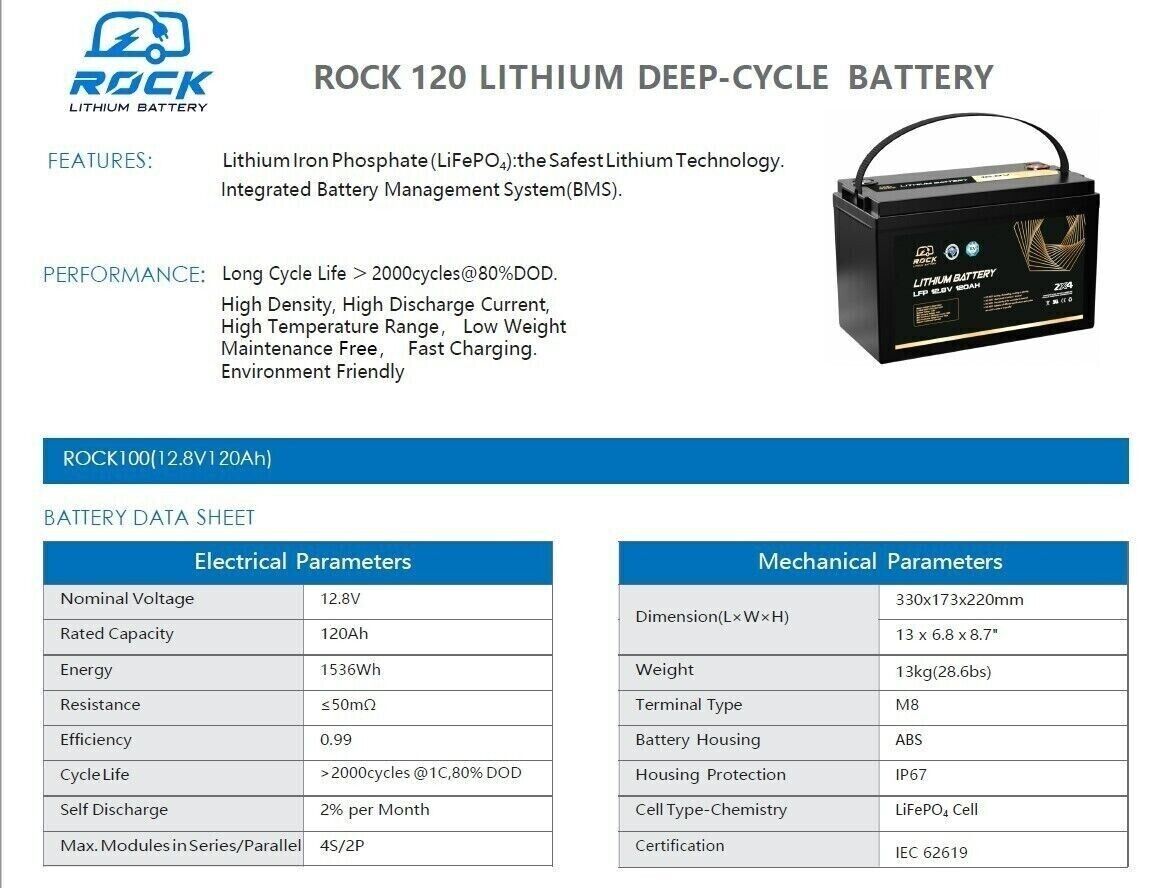Rock 12V 120Ah Lithium Iron Phosphate LiFePO4 Battery Cells Solar Caravan 4WD RV