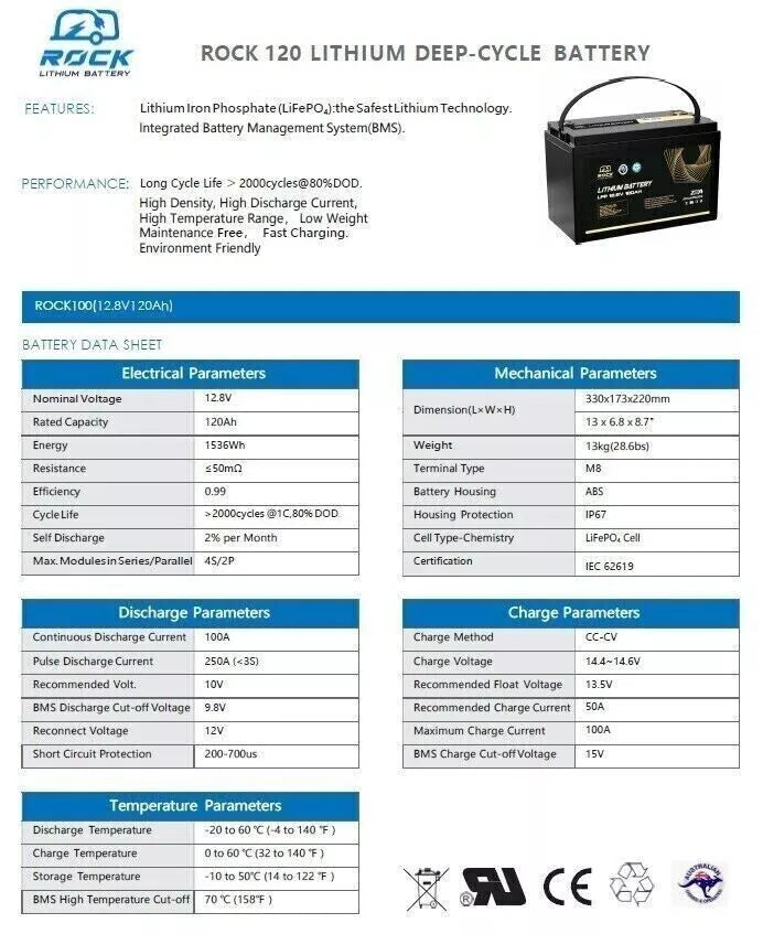 2 x Rock 12V 120Ah Lithium Iron Phosphate LiFePO4 Battery Cells Solar Caravan 4W