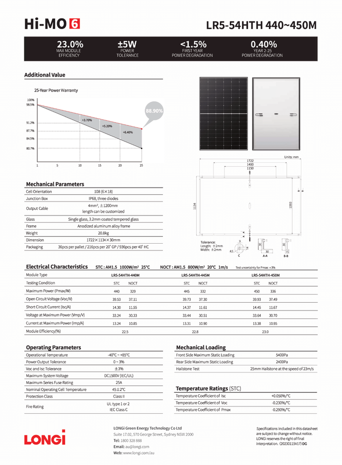 LONGI HI-MO 6 Series 440Watt 108 Cell Half Cut Cell LR5-54HTH-440M Solar Panel