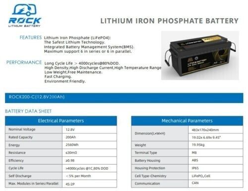 Rock 12V 200Ah Lithium Iron Battery LiFePO4 Rechargeable 4WD/RV