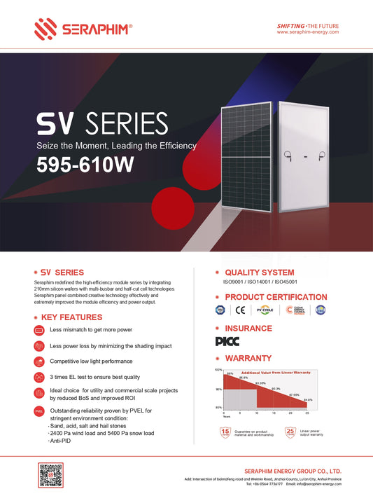 SERAPHIM SIV SERIES HALF-CELL SOLAR MODULE 605W PERC MONO (SRP-605-BMB-HV) Solar Panel ( Shipping available by quote only)