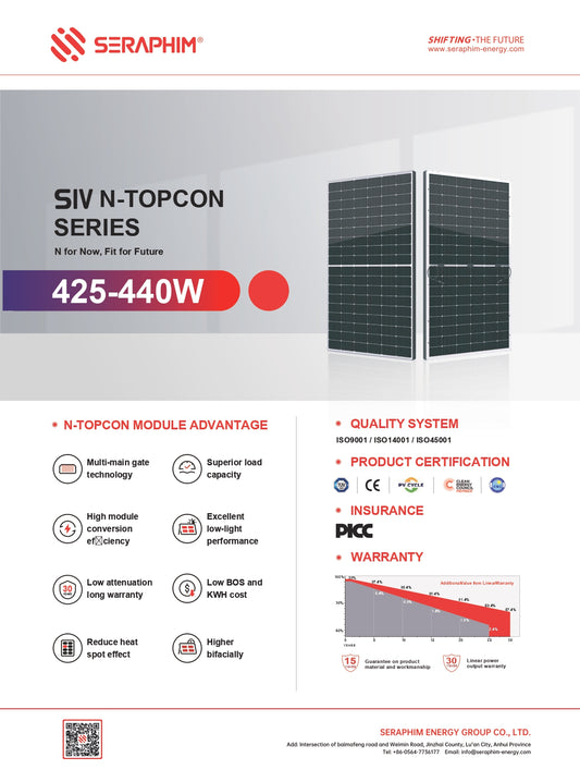 SERAPHIM SIV SERIES N-TOPCON Bifacial 440W 108 Cells (SRP-440-BTD-BG) Solar Panel