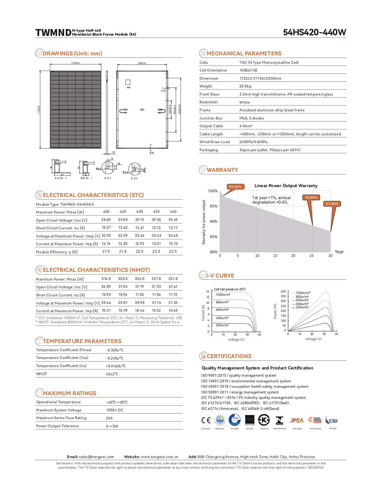 TONGWEI 440W N-Type 108 Half-Cell Mono-facial Module(54) Solar Panel-TWMND-54HS440-30MM