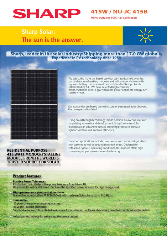 SHARP 415 Watt 108 Cell Mono  PERC Half Cell Solar Panel-SHARP-NU-JC415B