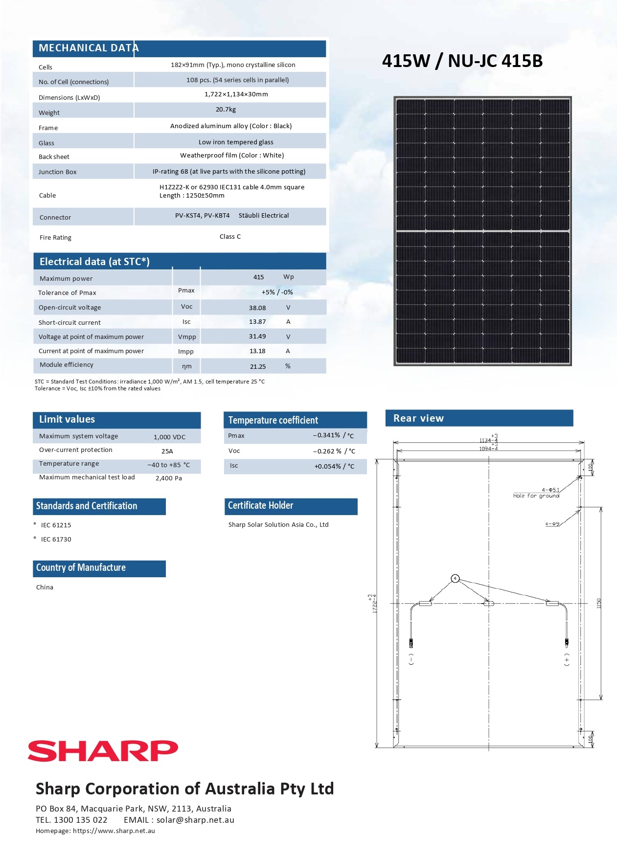 SHARP 415 Watt 108 Cell Mono  PERC Half Cell Solar Panel-SHARP-NU-JC415B