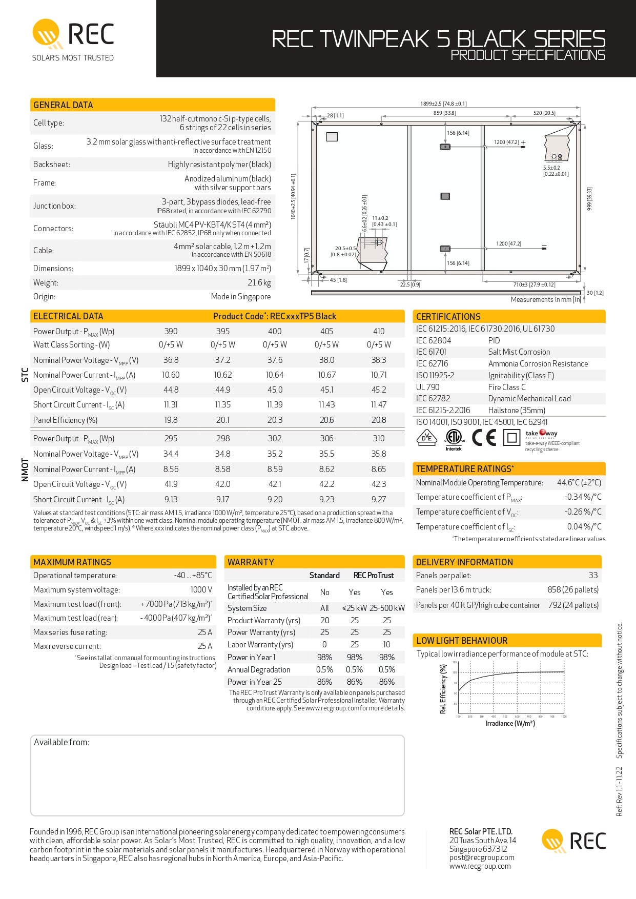 REC Alpha 410W 30mm Black 132 Half-Cut Mono C-Si P-Type Cell Solar Panel REC410TP5-BLK