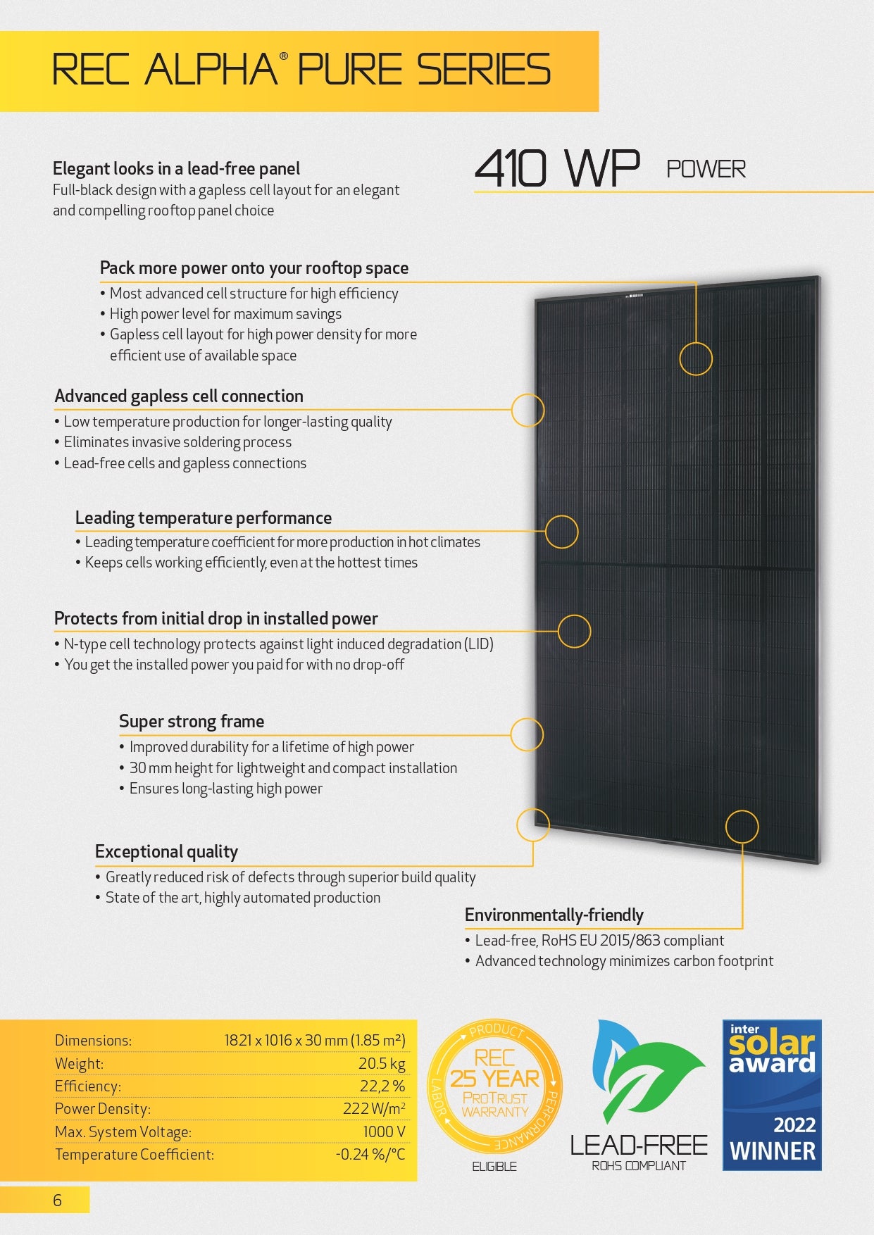 REC Alpha 410W 30mm Black 132 Half-Cut Mono C-Si P-Type Cell Solar Panel REC410TP5-BLK