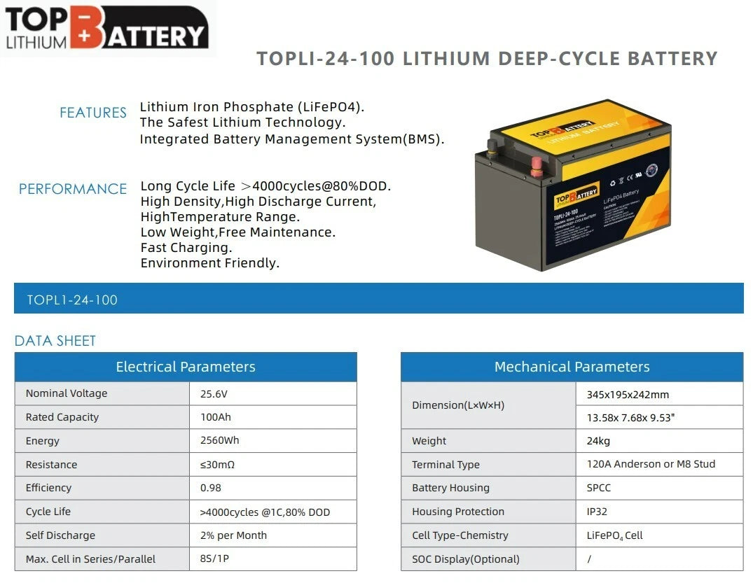 Top Lithium Battery 24V 100Ah Lithium Iron Phosphate Battery Rechargeable Replace AGM GEL