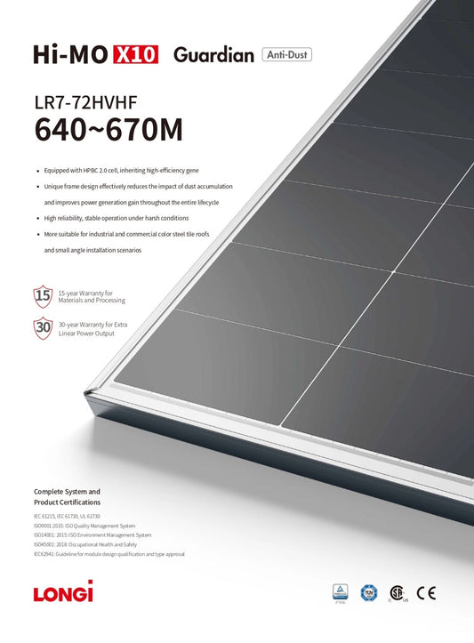 LONGI HI-MO X10 Guardian Anti-Dust 650Watt 144 Cell Solar Panel -LR7-72HVHF-650M