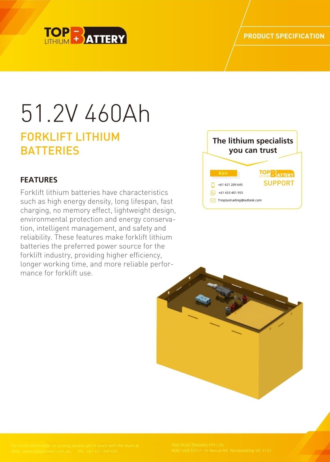 TopLi 48V 460ah LiFePO4 Forklift Battery + 100A Charger