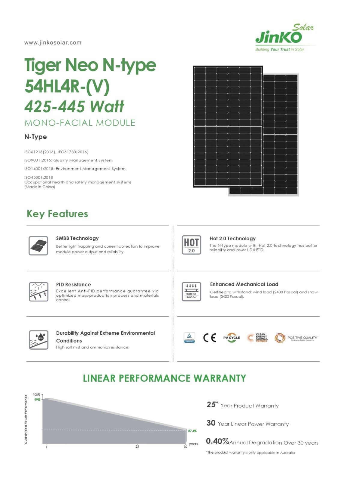 JINKO 440W 108 Cell TIGER NEO Mono-Facial N-Type Solar Panel JKM440N-54HL4R-V