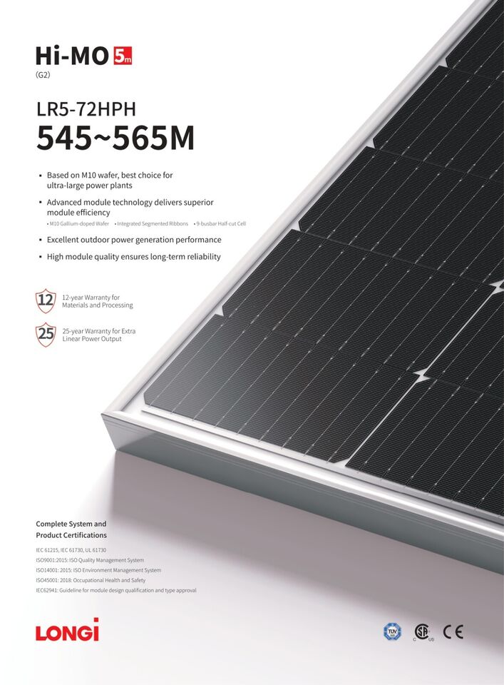 LONGI HI-MO 5M Series 555Watt 144 Cell LR5-72HPH-555M Solar Panel