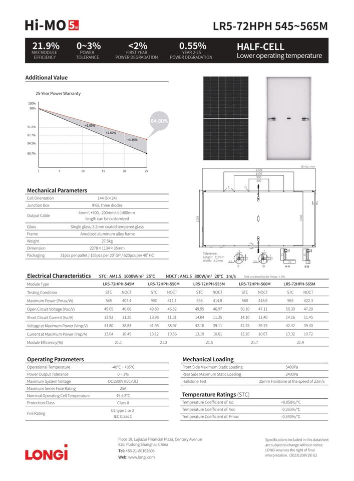 LONGI HI-MO 5M Series 555Watt 144 Cell LR5-72HPH-560M Solar Panel