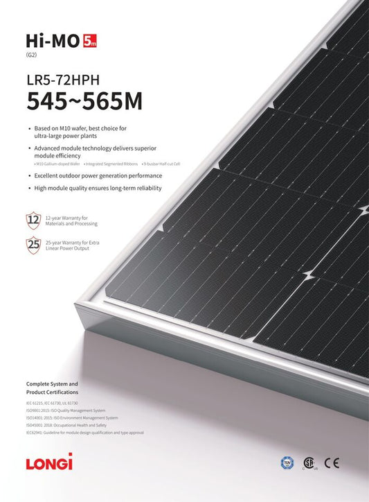 LONGI HI-MO 5M Series 555Watt 144 Cell LR5-72HPH-560M Solar Panel